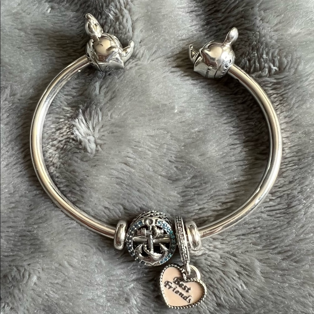 Pandora sterling silver open bangle charm bracelet with 2 charms